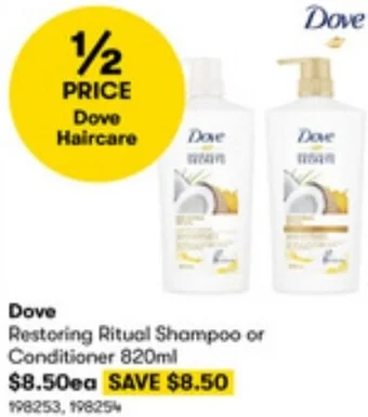 BIG W Dove Restoring Ritual Shampoo or Conditioner 820ml offer