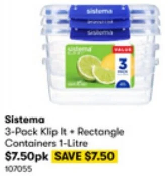 BIG W Sistema 3 Pack Klip It Rectangle Containers 1 Litre offer