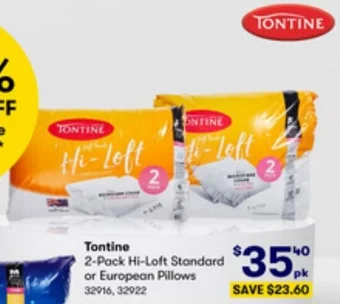 BIG W Tontine 2-Pack Hi-Loft Standard or European Pillows offer