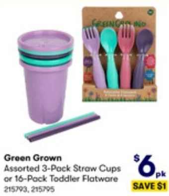 BIG W Green Grown Assorted 3-Pack Straw Cups or 16-Pack Toddler Flatware offer