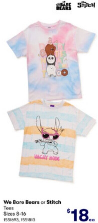 BIG W We Bare Bears or Stitch Tees offer