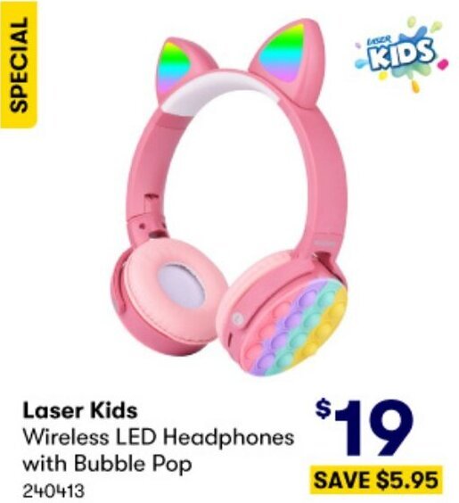 BIG W Laser Kids Wireless LED Headphones with Bubble Pop offer