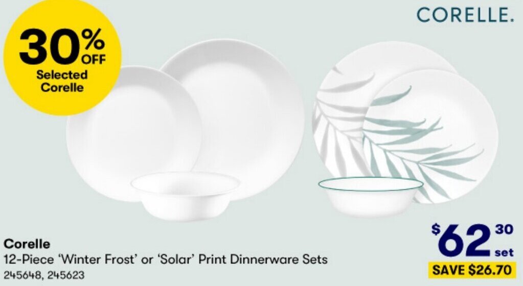 BIG W Corelle 12-Piece Winter Frost or Solar Print Dinnerware Sets offer
