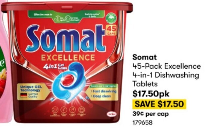 BIG W Somat 45-Pack Excellence 4-in-1 Dishwashing Tablets offer