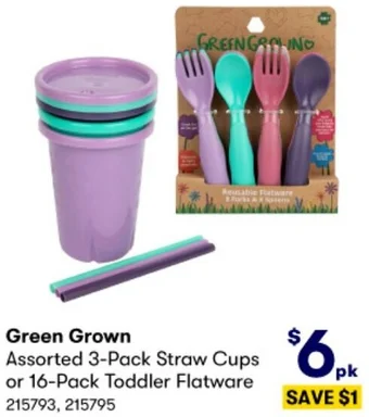 Green Grown Assorted 3-Pack Straw Cups or 16-Pack Toddler Flatware