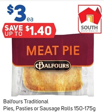 Foodland Balfours Traditional Pies, Pasties or Sausage Rolls 150-175g offer
