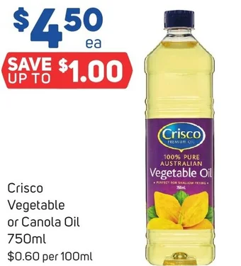 Foodland Crisco Vegetable or Canola Oil 750ml offer