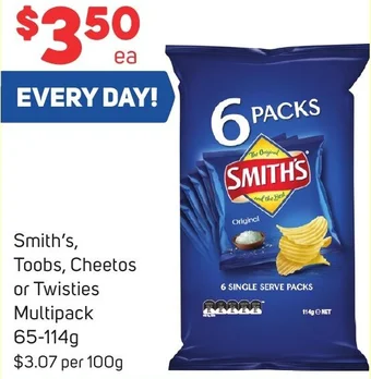 Foodland Smith's, Toobs, Cheetos or Twisties Multipack 65-114g offer