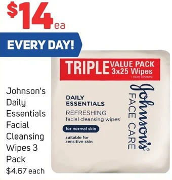 Foodland Johnson's Daily Essentials Facial Cleansing Wipes 3 Pack offer