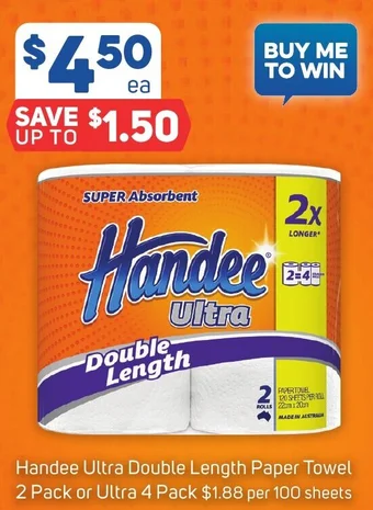 Foodland Handee Ultra Double Length Paper Towel 2 Pack or Ultra 4 Pack offer