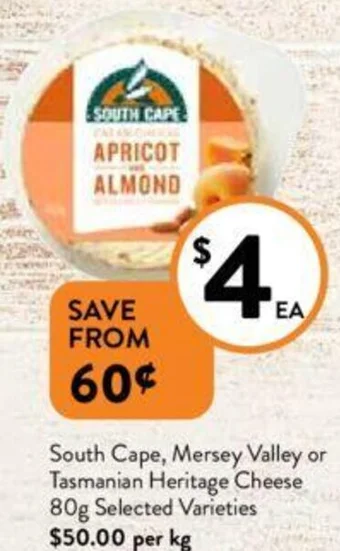 Foodworks South Cape, Mersey Valley or Tasmanian Heritage Cheese 80g offer