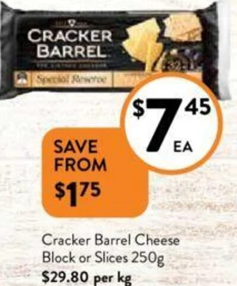 Foodworks Cracker Barrel Cheese Block or Slices 250g offer