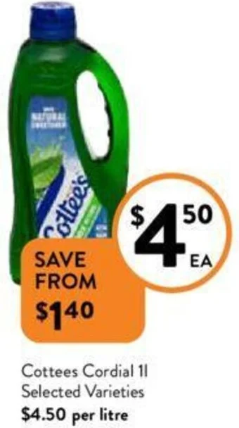 Foodworks Cottees Cordial 1L offer