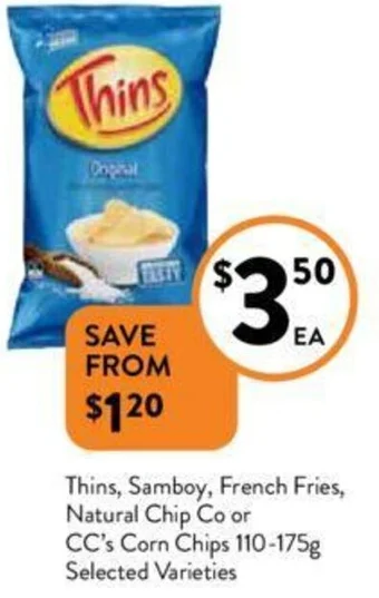 Foodworks Thins, Samboy, French Fries, Natural Chip Co or CC's Corn Chips 110-175g offer