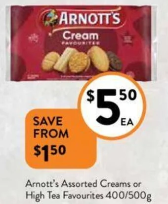 Foodworks Arnott's Assorted Creams or High Tea Favourites 400/500g offer