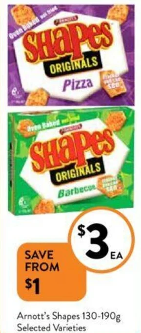 Foodworks Arnott's Shapes 130-190g offer