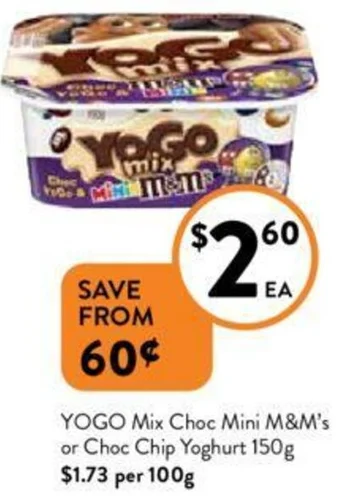Foodworks YOGO Mix Choc Mini M&M's or Choc Chip Yoghurt 150g offer