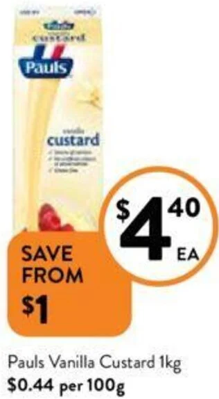 Foodworks Pauls Vanilla Custard 1kg offer