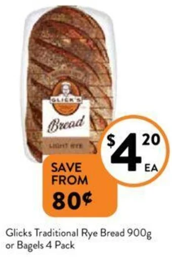 Glicks Traditional Rye Bread 900g or Bagels 4 Pack
