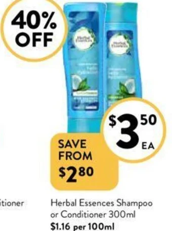 Foodworks Herbal Essences Shampoo or Conditioner 300ml offer