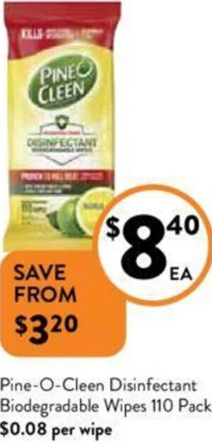 Foodworks Pine-O-Cleen Disinfectant Biodegradable Wipes 110 Pack offer