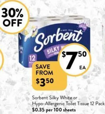 Sorbent Silky White or Hypo-Allergenic Toilet Tissue 12 Pack
