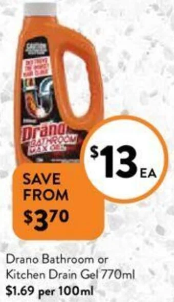 Foodworks Drano Bathroom or Kitchen Drain Gel 770ml offer
