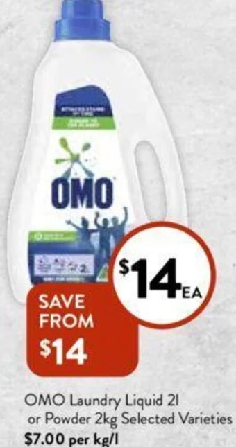 Foodworks OMO Laundry Liquid 2L or Powder 2kg offer