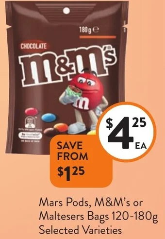 Foodworks Mars Pods, M&M's or Maltesers Bags 120-180g offer