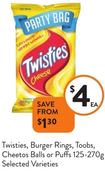 Foodworks Twisties, Burger Rings, Toobs, Cheetos Balls or Puffs 125-270g offer