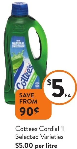 Foodworks Cottees Cordial 1L offer