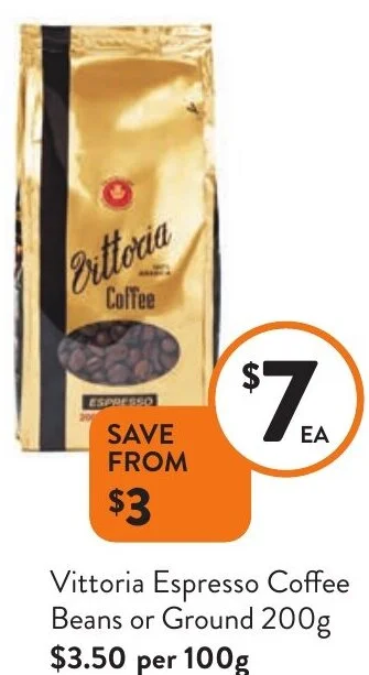Foodworks Vittoria Espresso Coffee Beans or Ground 200g offer