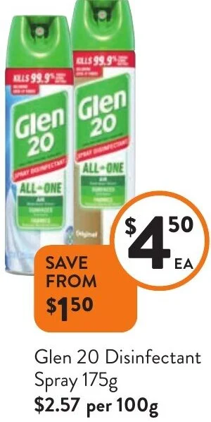Foodworks Glen 20 Disinfectant Spray 175g offer