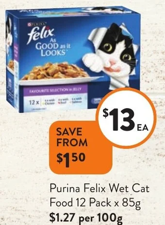 Foodworks Purina Felix Wet Cat Food 12 Pack x 85g offer