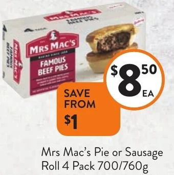 Foodworks Mrs Mac's Pie or Sausage Roll 4 Pack 700/760g offer