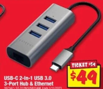 JB Hi-Fi USB-C 2-In-1 USB 3.0 3-Port Hub & Ethernet offer