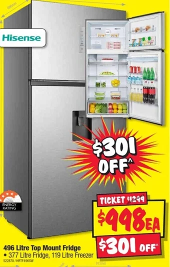 JB Hi-Fi Hisense 496 Litre Top Mount Fridge offer