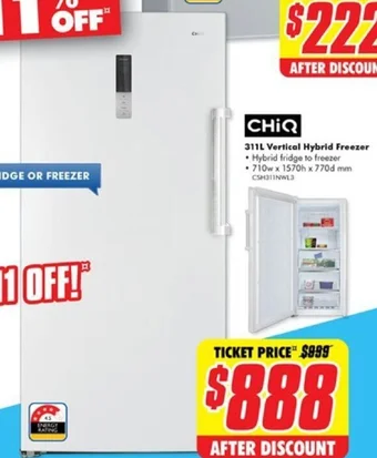 The Good Guys CHIQ 311L Vertical Hybrid Freezer offer