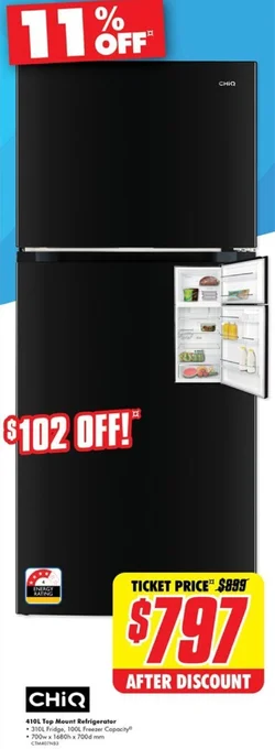 The Good Guys CHIQ 410L Top Mount Refrigerator offer