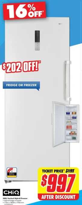 The Good Guys CHIQ 380L Vertical Hybrid Freezer offer