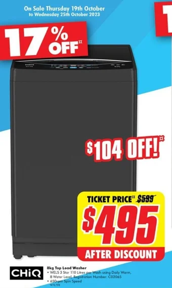 The Good Guys CHiQ 8kg Top Load Washer offer