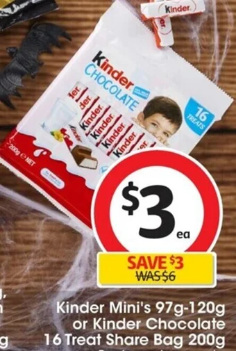 Coles Kinder Mini's 97g-120g or Kinder Chocolate 16 Treat Share Bag 200g offer