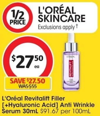 Coles L'Oréal Revitalift Filler [+Hyaluronic Acid] Anti Wrinkle Serum 30mL offer