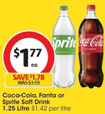 Coles Coca-Cola, Fanta or Sprite Soft Drink 1.25 Litre offer