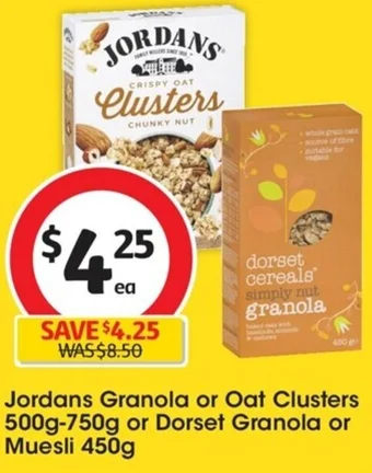 Coles Jordans Granola or Oat Clusters 500g-750g or Dorset Granola or Muesli 450g offer