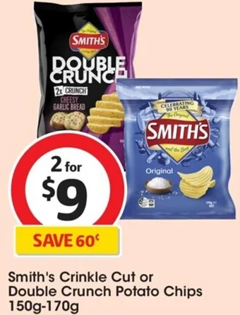 Coles Smith's Crinkle Cut or Double Crunch Potato Chips 150g-170g offer