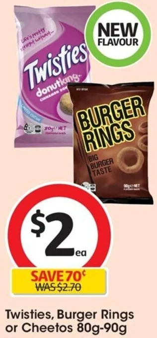 Coles Twisties, Burger Rings or Cheetos 80g-90g offer