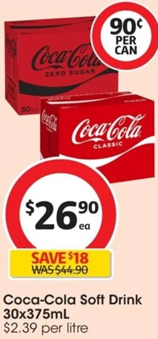 Coles Coca-Cola Soft Drink 30x375mL offer