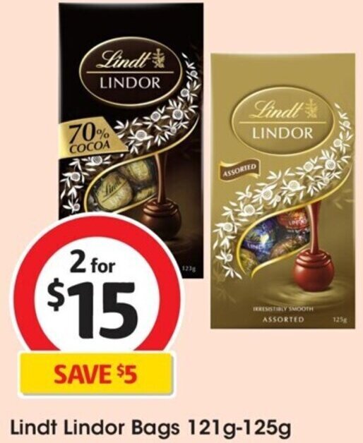 Lindt Lindor Bags 121g125g offer at Coles