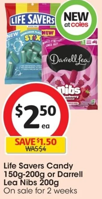 Coles Life Savers Candy 150g-200g or Darrell Lea Nibs 200g offer
